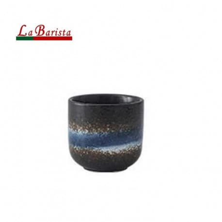 Pottery cup for coffee, black with blue font, capacity 200 ml