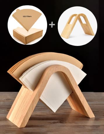 Holder for paper filters Wooden + 100pcs Brown V-Shape Filters, Made of Wood Pulp, Ideal for V60 & Pour Over Coffee Makers