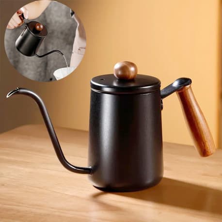 Kettle 600ml - Stainless Steel with Wooden Handle & Lid Cap, Black Color, Gooseneck Spout
