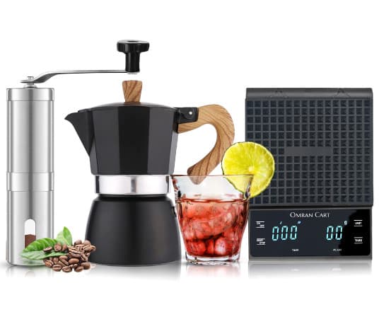 Omran Cart Moka Pot 300ml Coffee Set – Espresso Maker + Coffee Scale + Manual Grinder + 160ml Glass Cup Italian Style