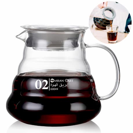 Omran Cart Glass Coffee Server with Lid – 600ml Heat-Resistant Carafe, Size 02, for Pour Over, V60, and Drip Coffee Brewing