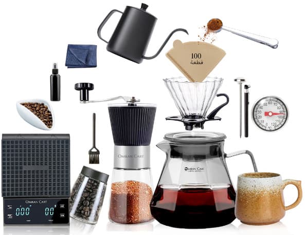 Omran Cart V60 Pour Over Coffee Set 14PCS – Smokey Grey Server, Grinder, Kettle, Filters, Dripper & Accessories
