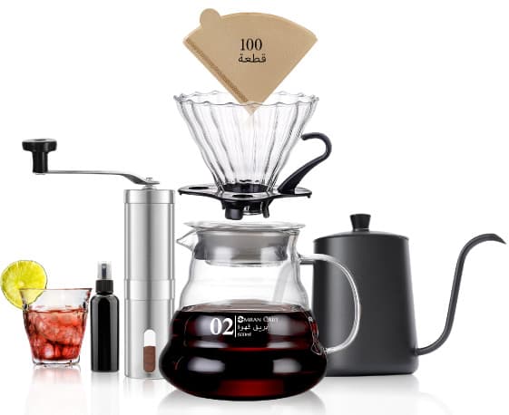 Omran Cart V60 Coffee Set 7pcs – 600ml Server, Dripper 02, Filters, Grinder, 600ml Kettle, Spray, Glass Cup