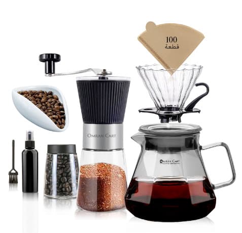 Omran Cart V60 Pour Over Coffee Set 8pcs – Grey Server, Grinder, Dripper, Filters, Bean Tray, Container, Spray Bottle