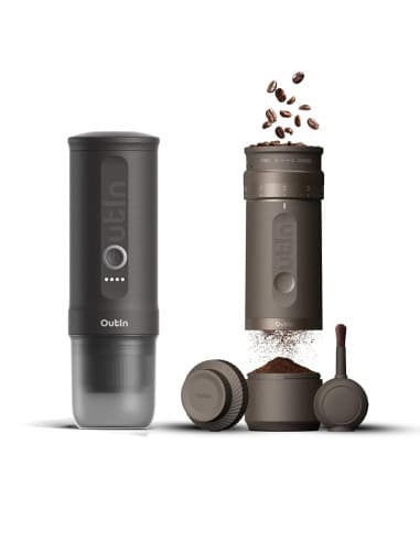 Outin Nano Portable Espresso Maker Space Grey & Fino Grinder Brown Pack
