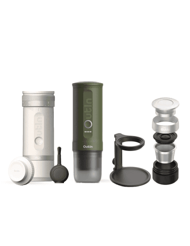 Outin Nano Portable Espresso Maker Forest Green & Fino Grinder White with Accessories Pack